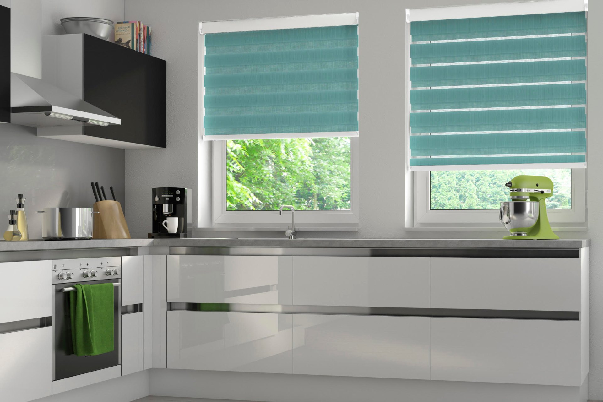 Bright living room with sage-toned roller blinds fitted across large windows